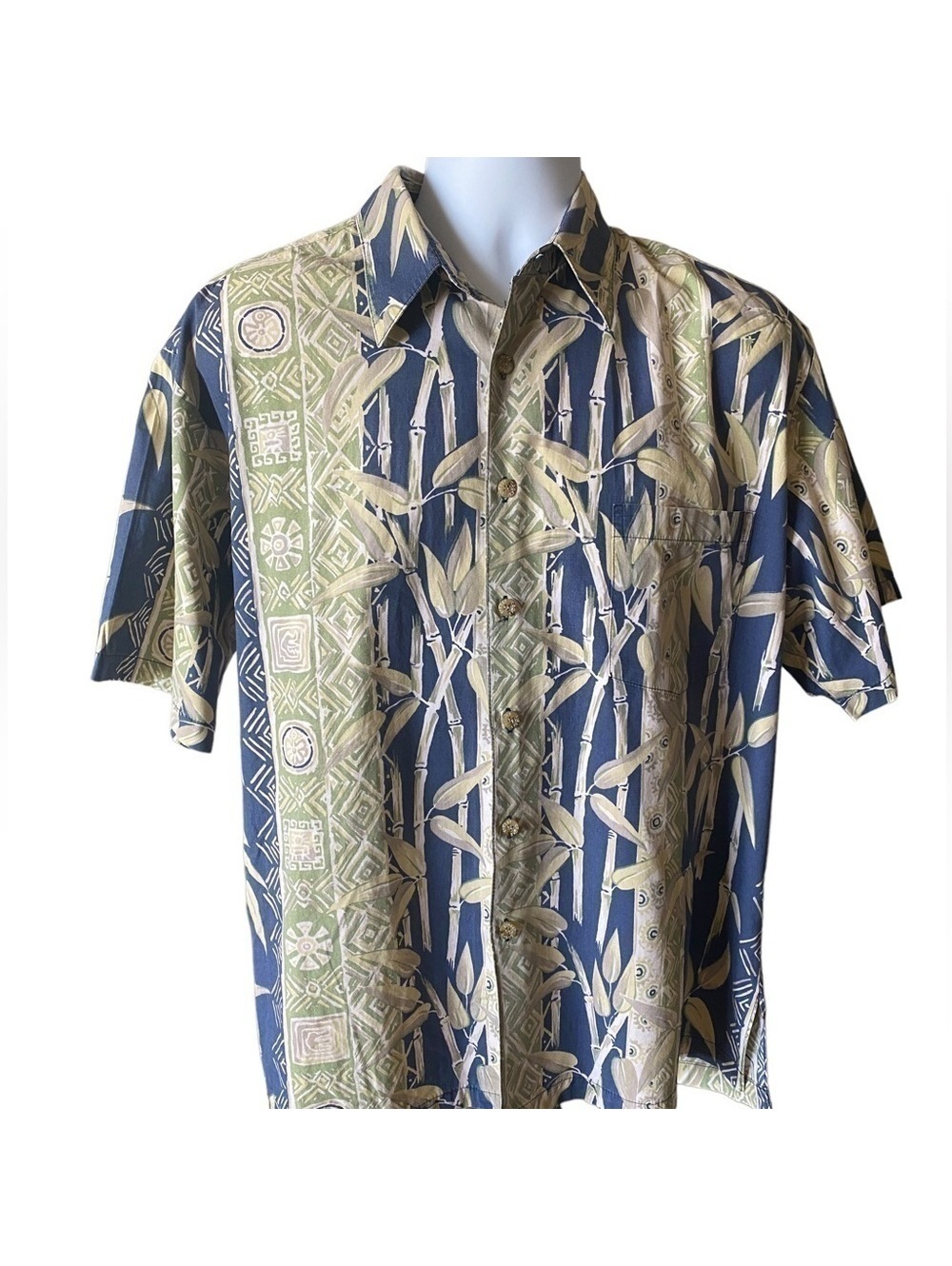 COOKE STREET Blue & Green Bamboo Aloha Hawaiian Shirt Men L Large
